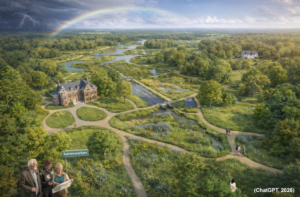 AI toekomstbeeld waarbij cultuurhistorie zoveel mogelijk een geheel wordt met de natuur